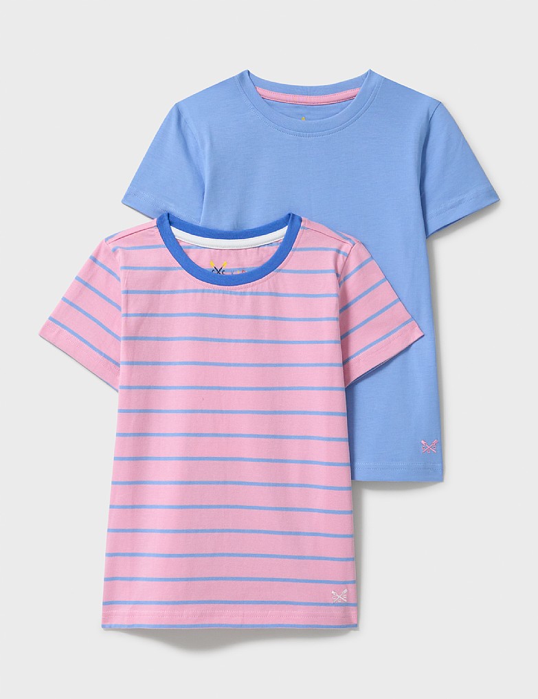 2 Pack Plain & Stripe Crew Tees in Blue & Pink