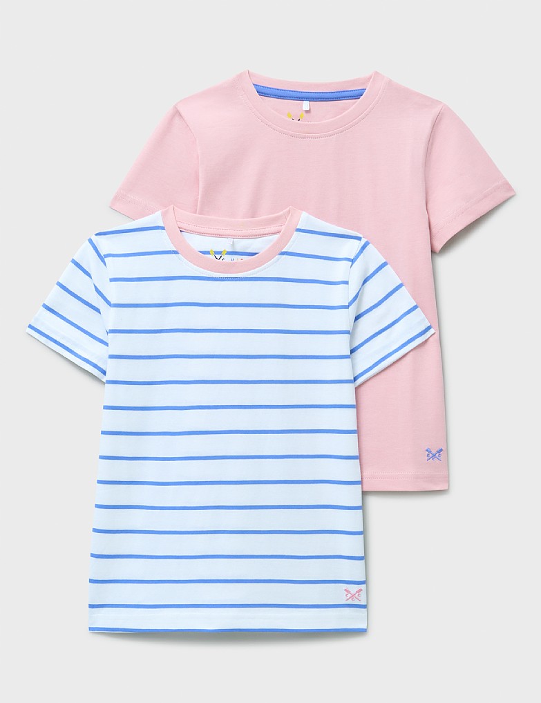 2 Pack Plain & Stripe Crew Tees in White & Pink