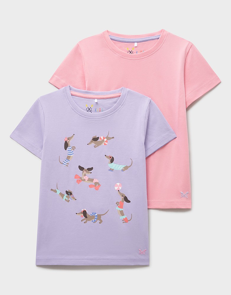 2 Pack Plain and Graphic Print T-Shirt in Lilac & Pink