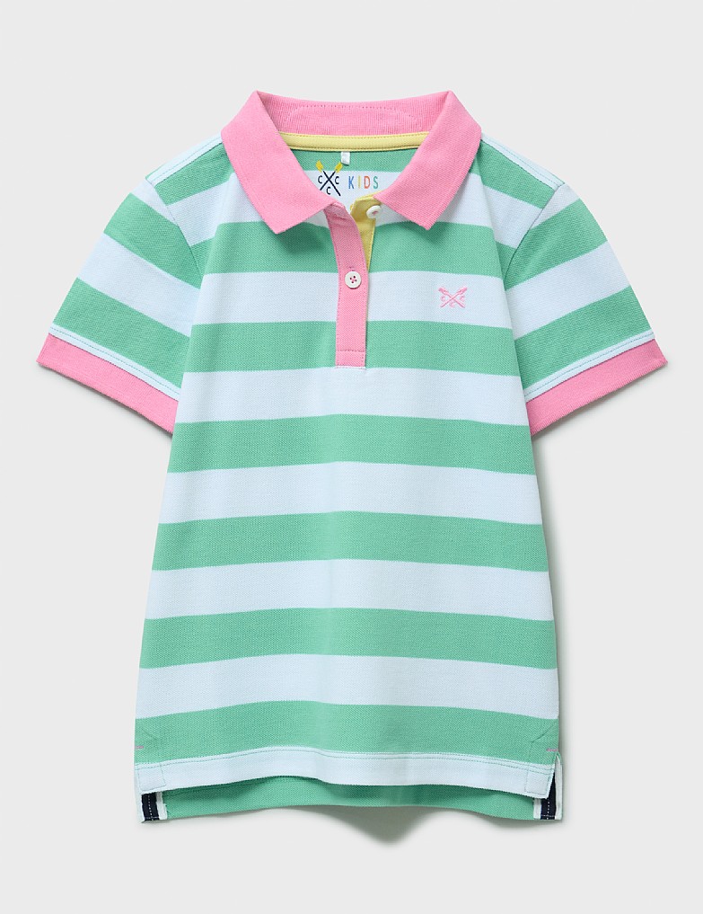 Short Sleeve Cotton Pique Polo Shirt in Green and Blue Stripe
