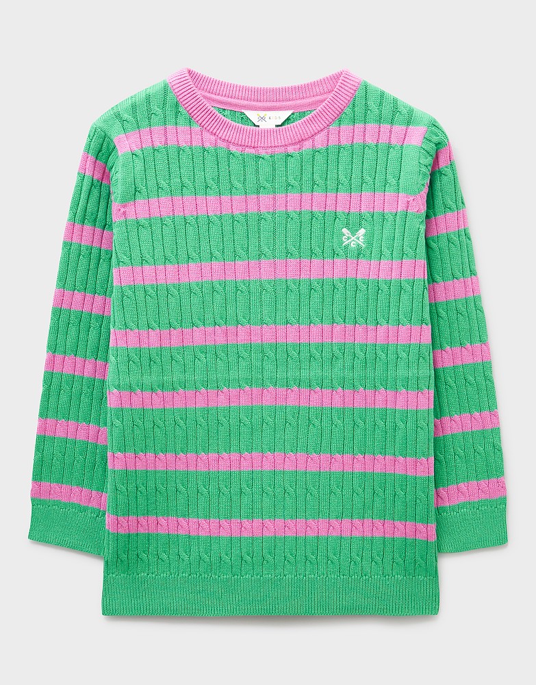 Heritage Cotton Cable-Knit Jumper in Green & Pink Stripe