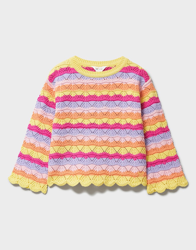 Scalloped Pointelle Jumper in Yellow & Pink Stripe