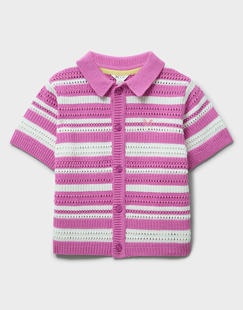 Pointelle Stripe Collared Cardigan in Pink and White