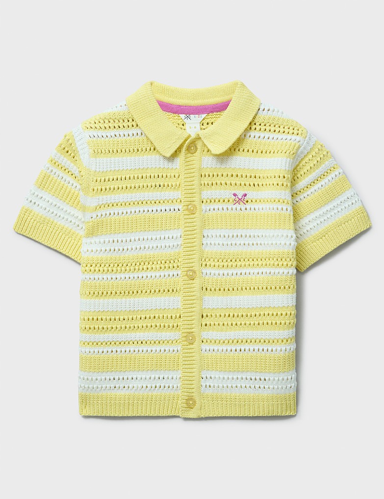 Pointelle Stripe Collared Cardigan in Yellow and White
