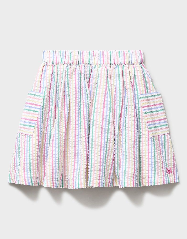 Pull On Skirt in White and Rainbow Stripe
