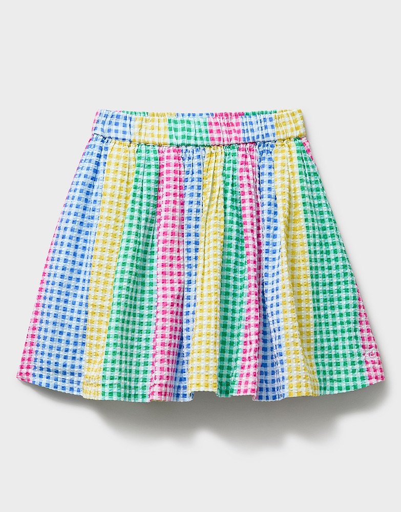 Panelled Pull-On Cotton Skirt in Gingham Seersucker