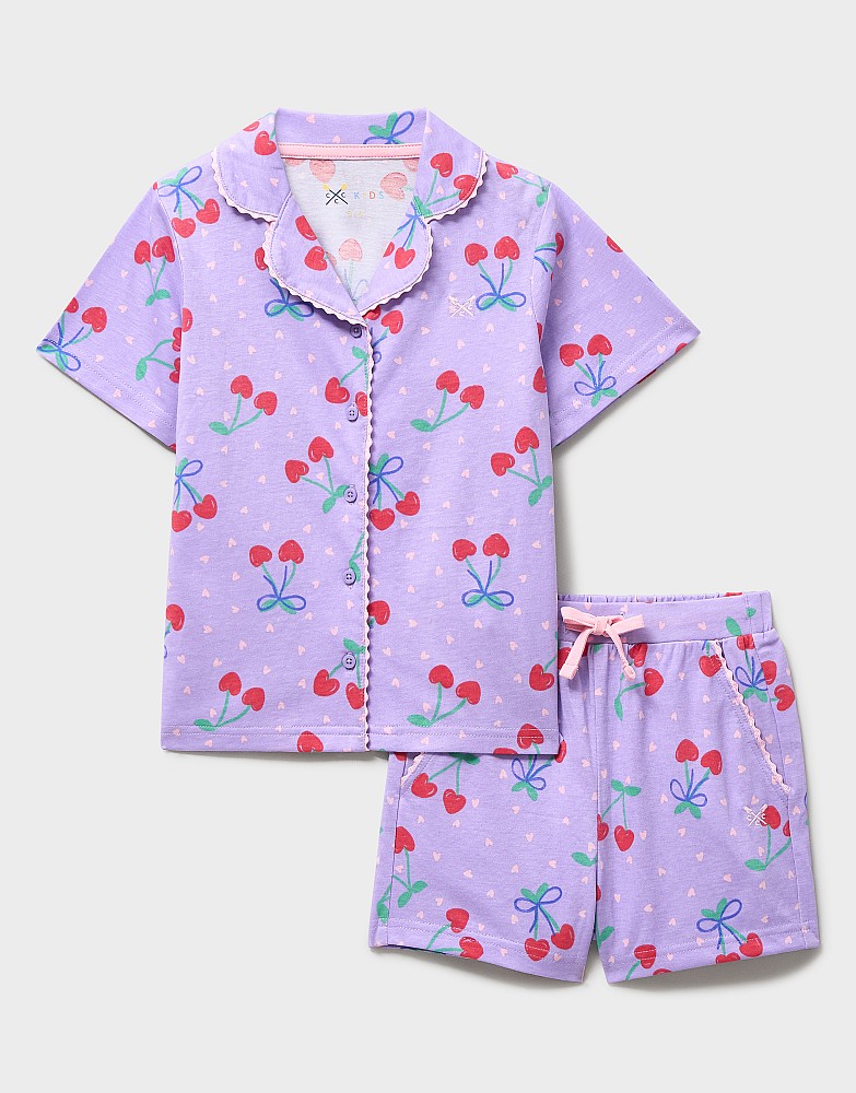 Striped Cotton PJ Shorts Set in Lilac Cherry Print