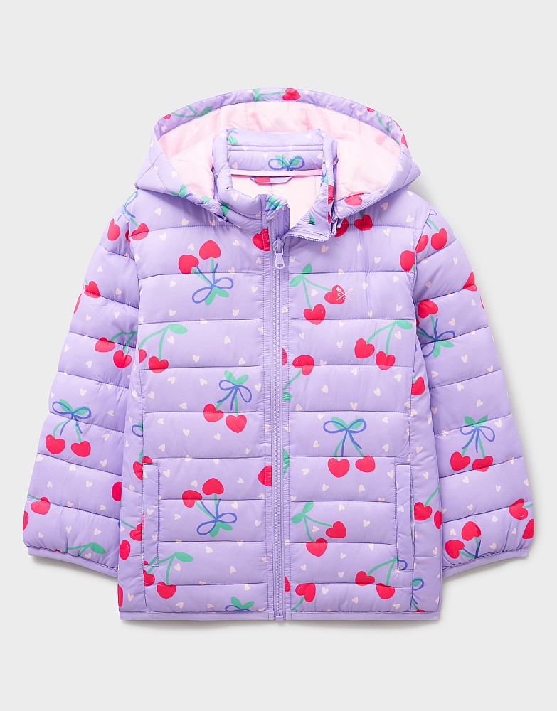 Printed Puffer Jacket in Lilac Cherries