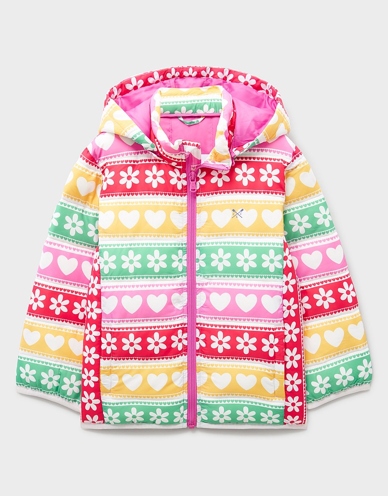 Printed Puffer Jacket in Rainbow Stripes