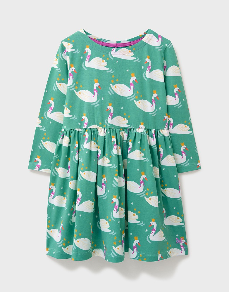 Long Sleeve Swan Printed Jersey Dress in Green