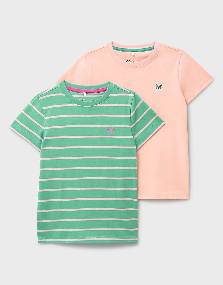2 Pack Stripe and Solid Cotton Tees in Pink and Green