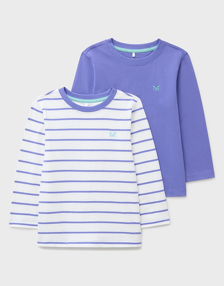 2 Pack Long Sleeve Crew Cotton T-Shirts in Lilac and White Stripe