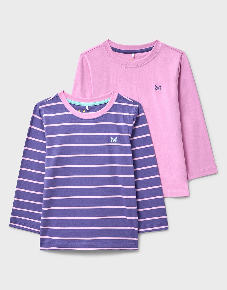2 Pack Long Sleeve Crew Cotton T-Shirts in Pink and Purple Stripe