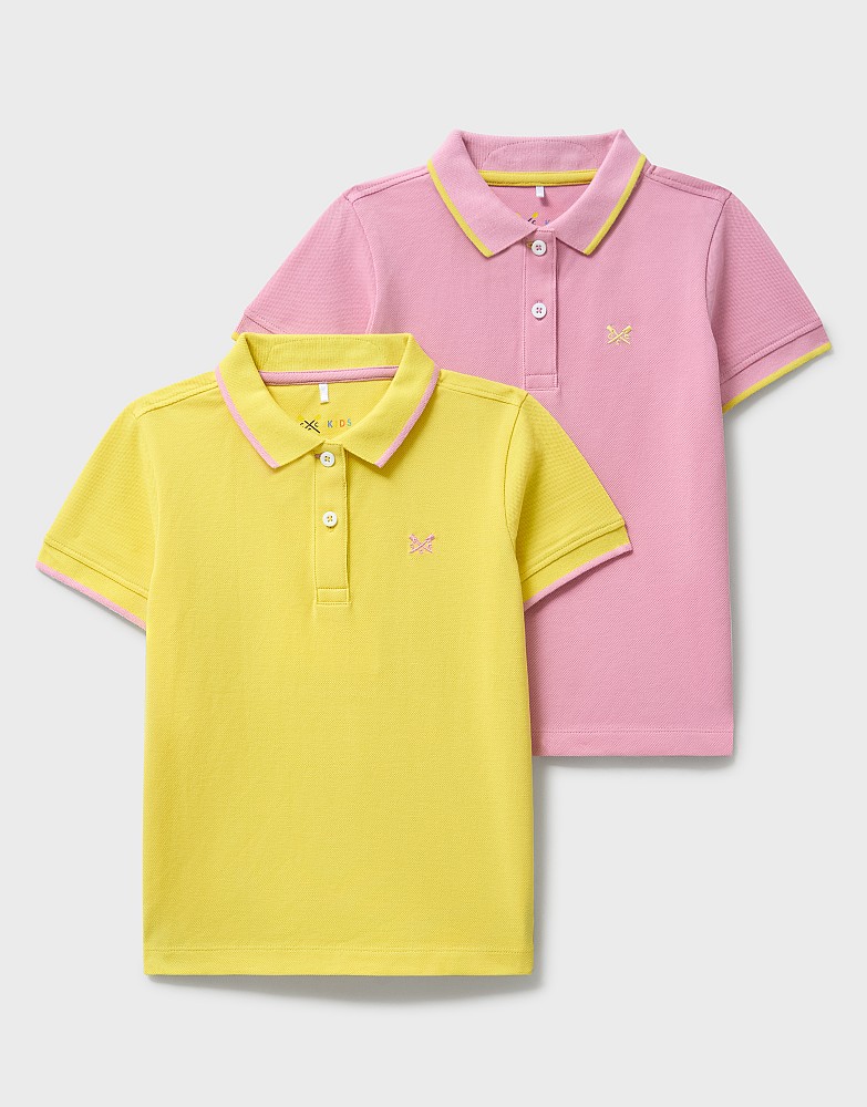 2 Pack Short Sleeve Cotton Piqué Polo Shirts in Yellow & Pink
