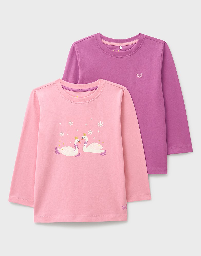 2 Pack Long-Sleeve Plain & Graphic Crew Tees in Pink & Purple