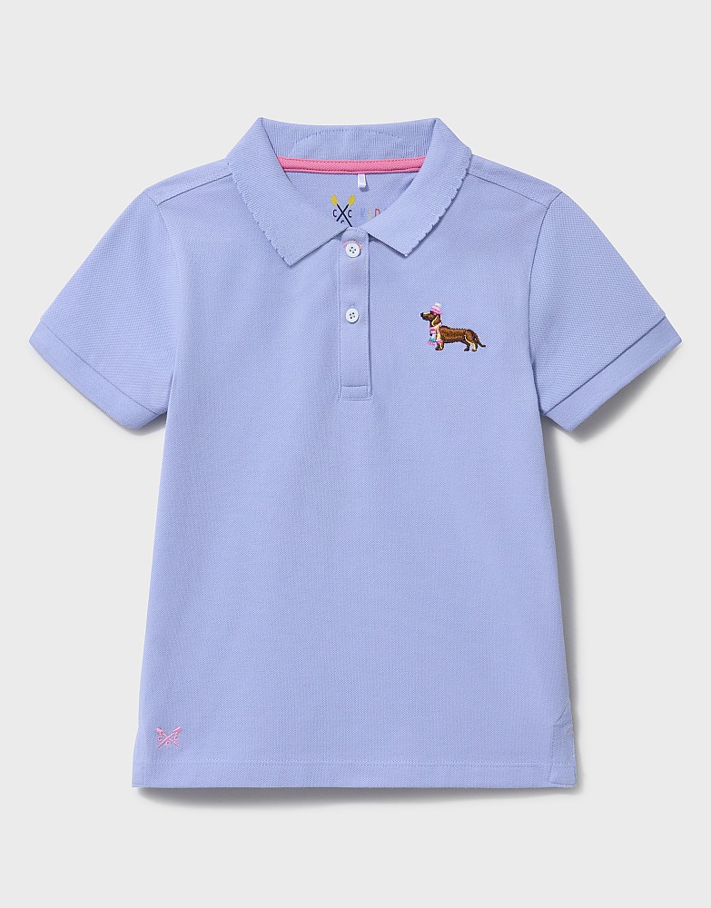 Scalloped Embroidered Pique Polo Shirt in Dusty Blue