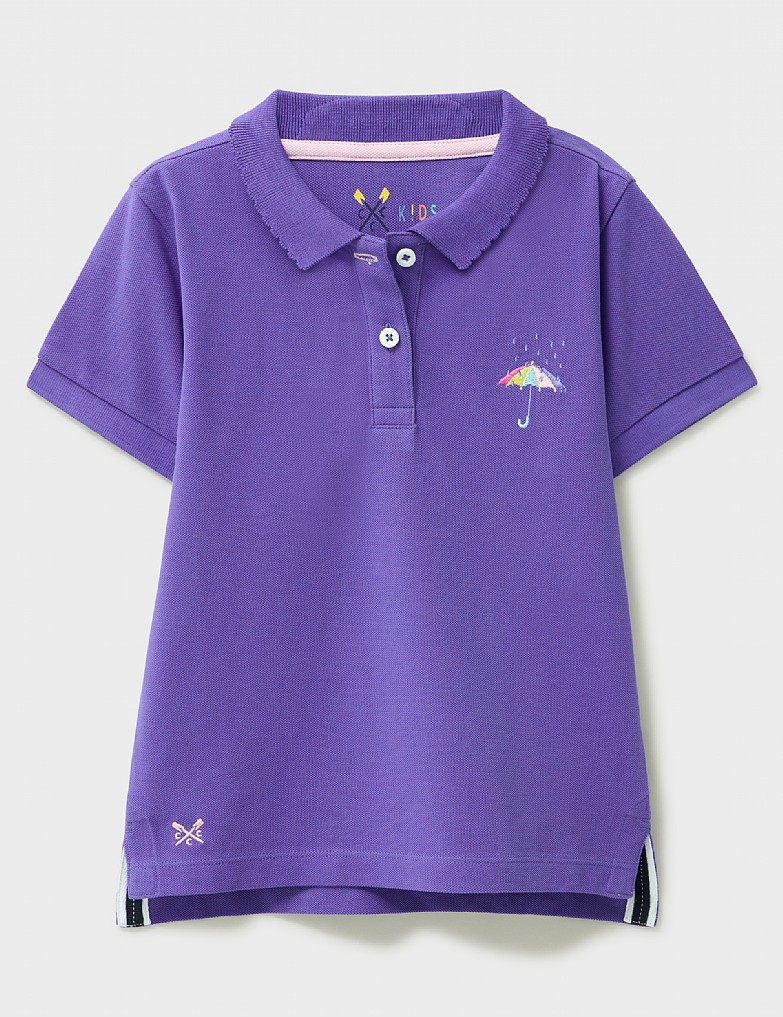 Embroidered Polo with Scallop Edge Collar in Purple