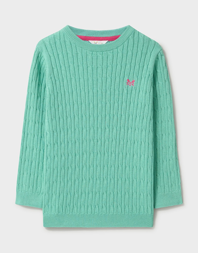 Heritage Cable Cotton Crew Neck Jumper in Aqua