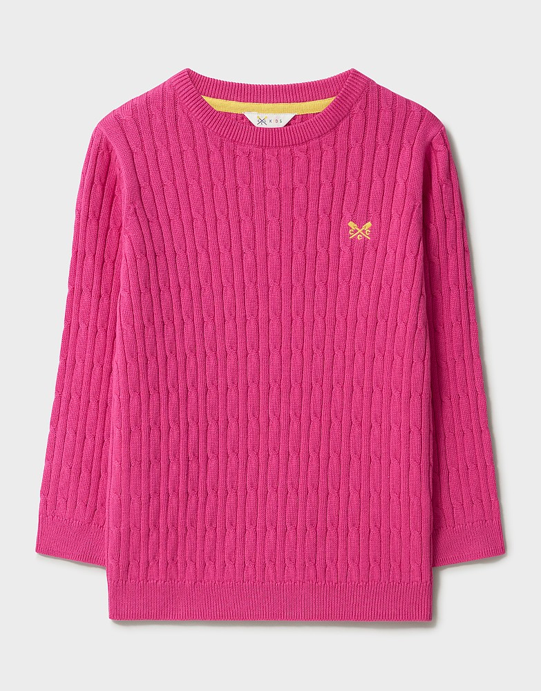 Heritage Cable Cotton Crew Neck Jumper in Pink