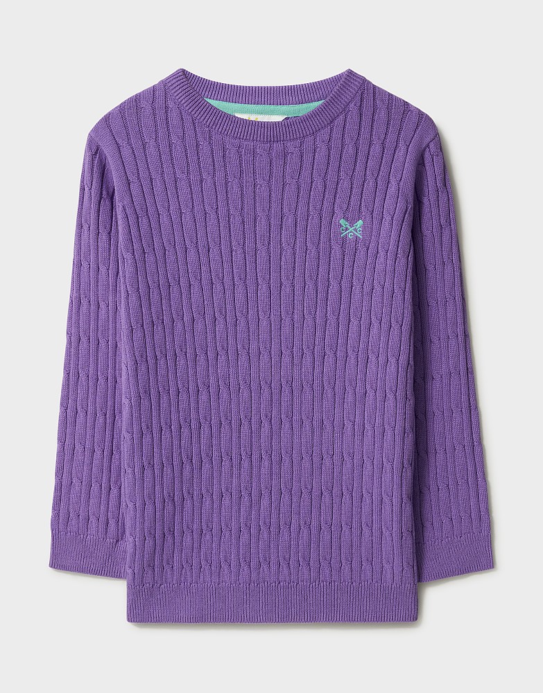 Heritage Cable Cotton Crew Neck Jumper in Purple