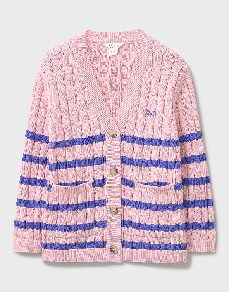 Cable Cricket Cardigan in Pink with Blue Stripes