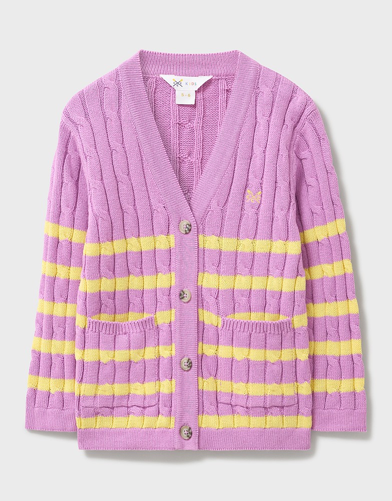 Cable Cricket Cardigan in Pink with Yellow Stripes