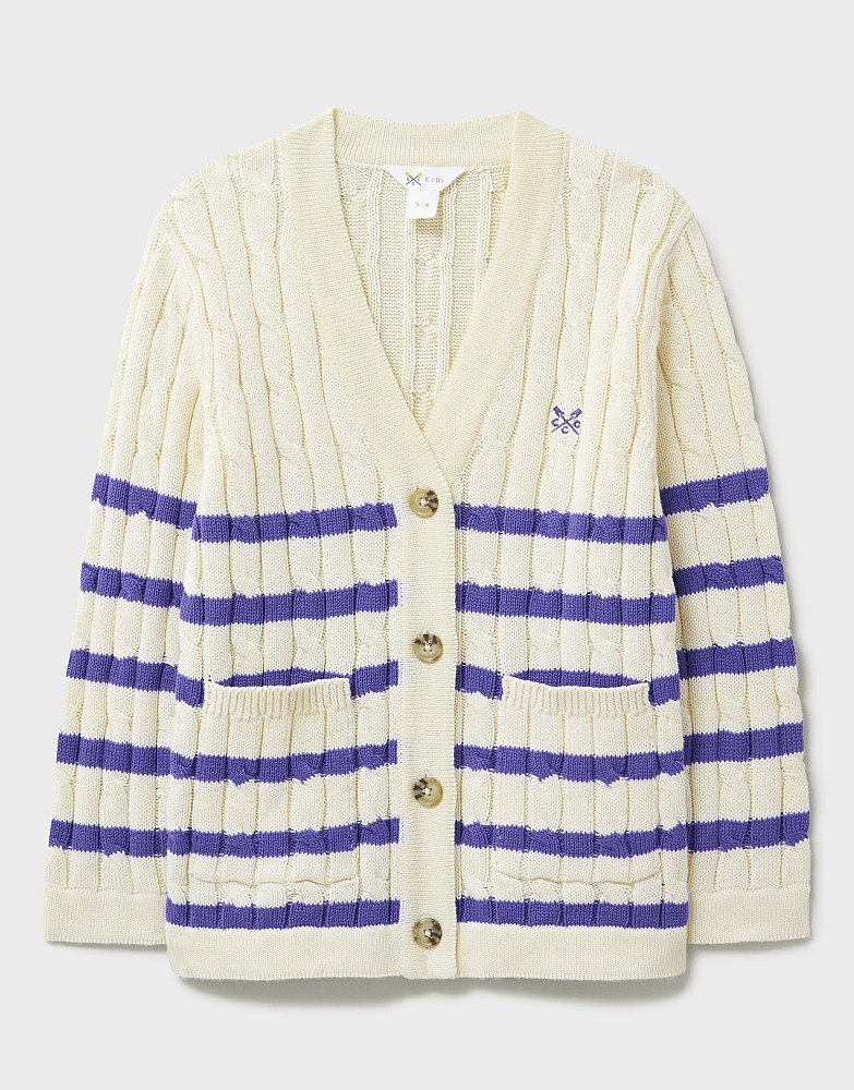 Cable Cricket Cardigan in White with Blue Stripes