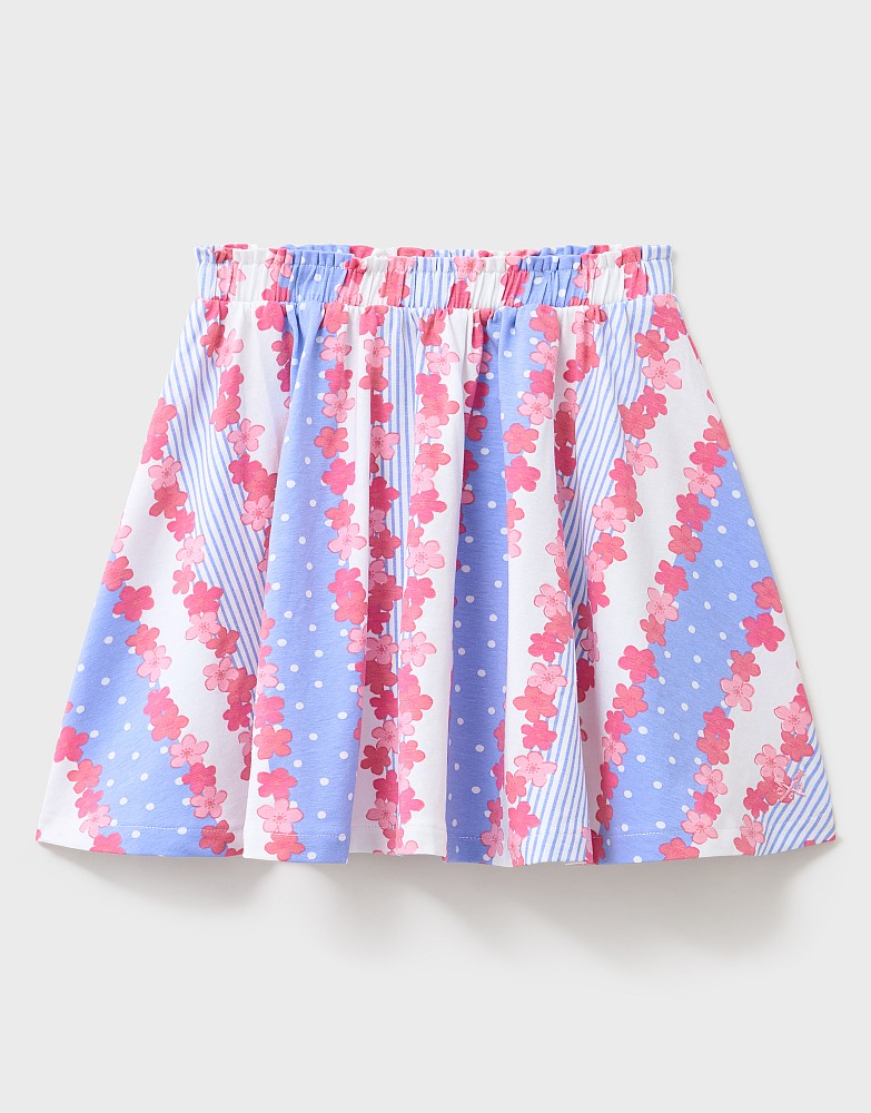 Cotton Jersey Pull On Full Skirt in Blue and Pink Floral Print