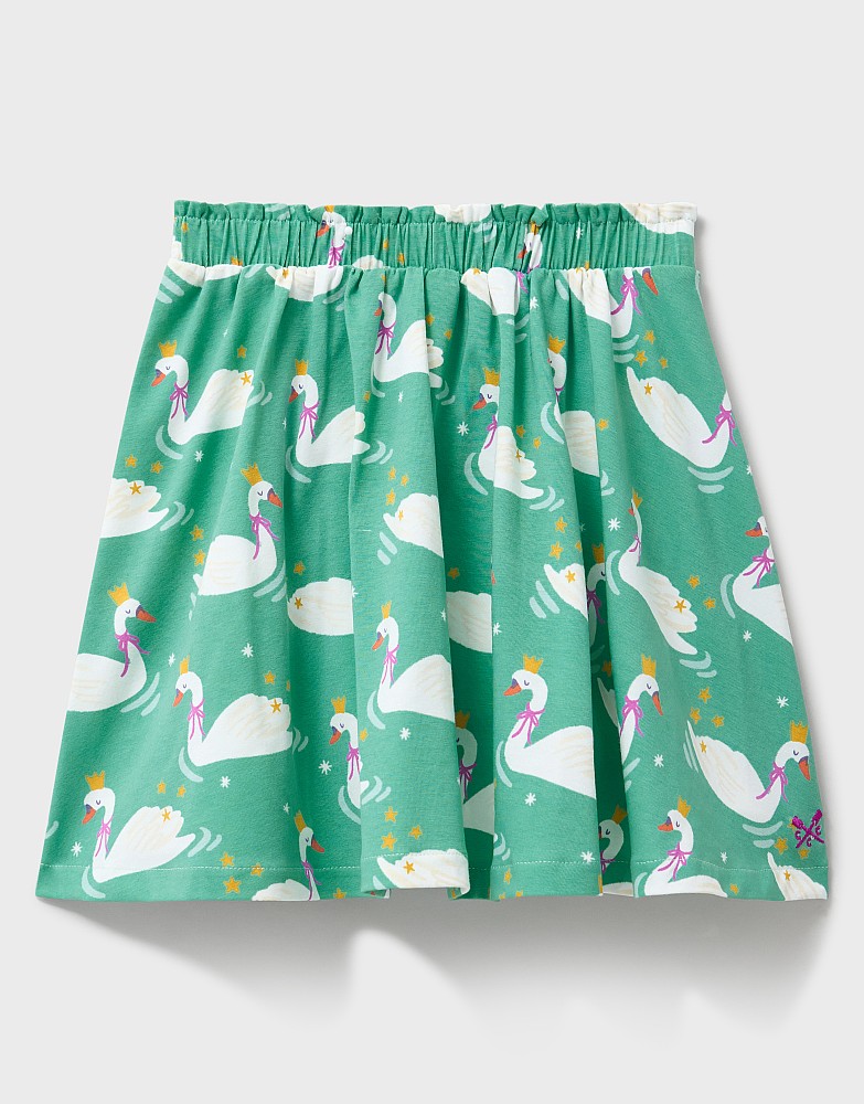 Cotton Jersey Pull On Full Skirt in Green Swan Print