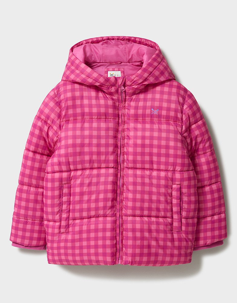 Short Cosy Midweight Puffa in Pink Check