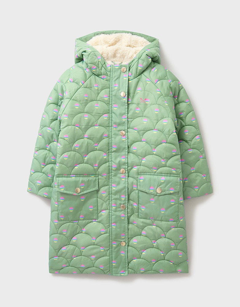 Rainbow Spot Quilted Lightweight Longline Coat in Olive Green