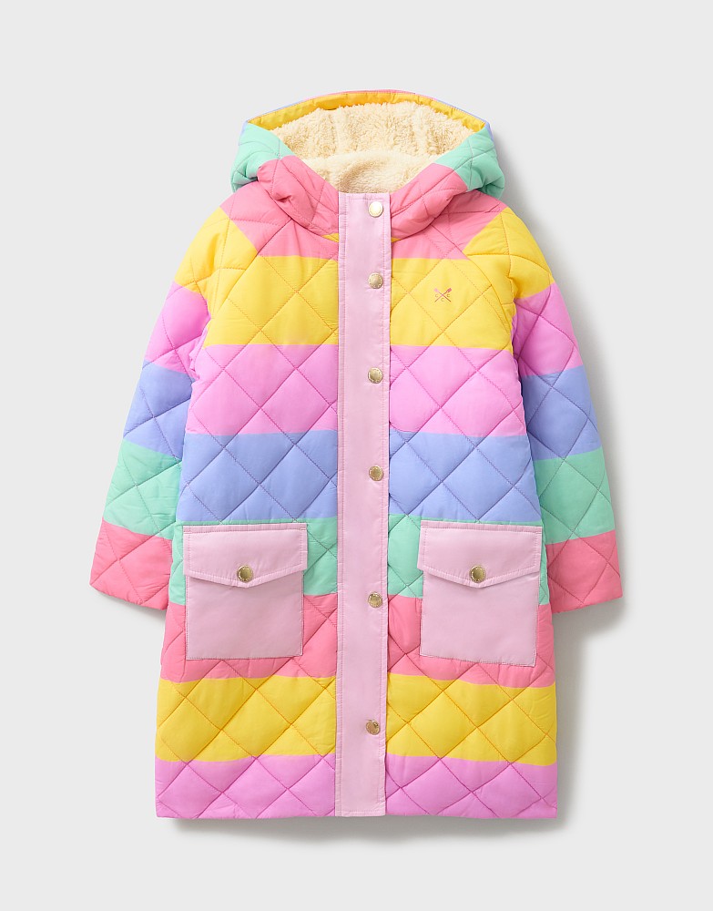 Quilted Lightweight Longline Coat in Rainbow Stripe
