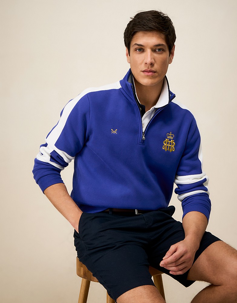 Henley Embroidered Back Half Zip Sweatshirt in Blue and White
