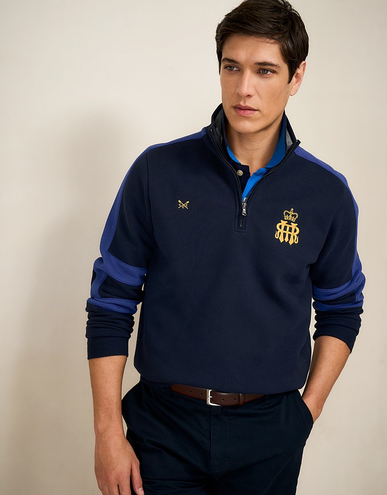 Henley Embroidered Back Half Zip Sweatshirt in Navy and Blue