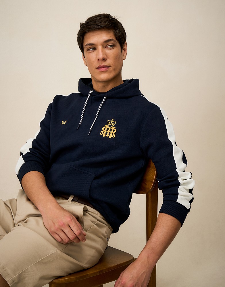 Henley Pique Sleeve Panel Hoodie in Navy and White