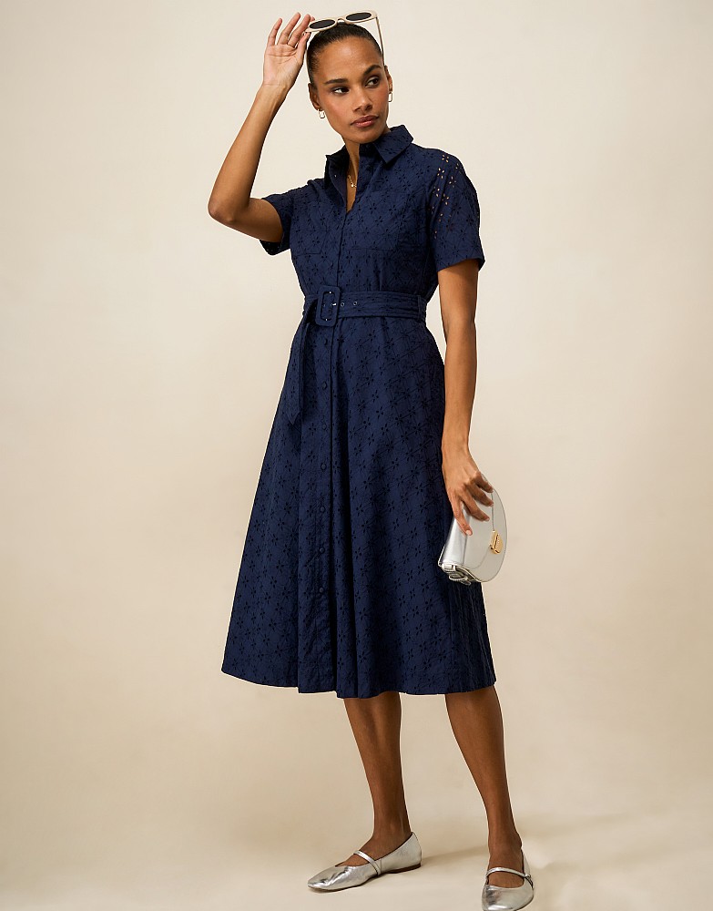 Henley Short Sleeve Broderie Shirt Dress in Navy