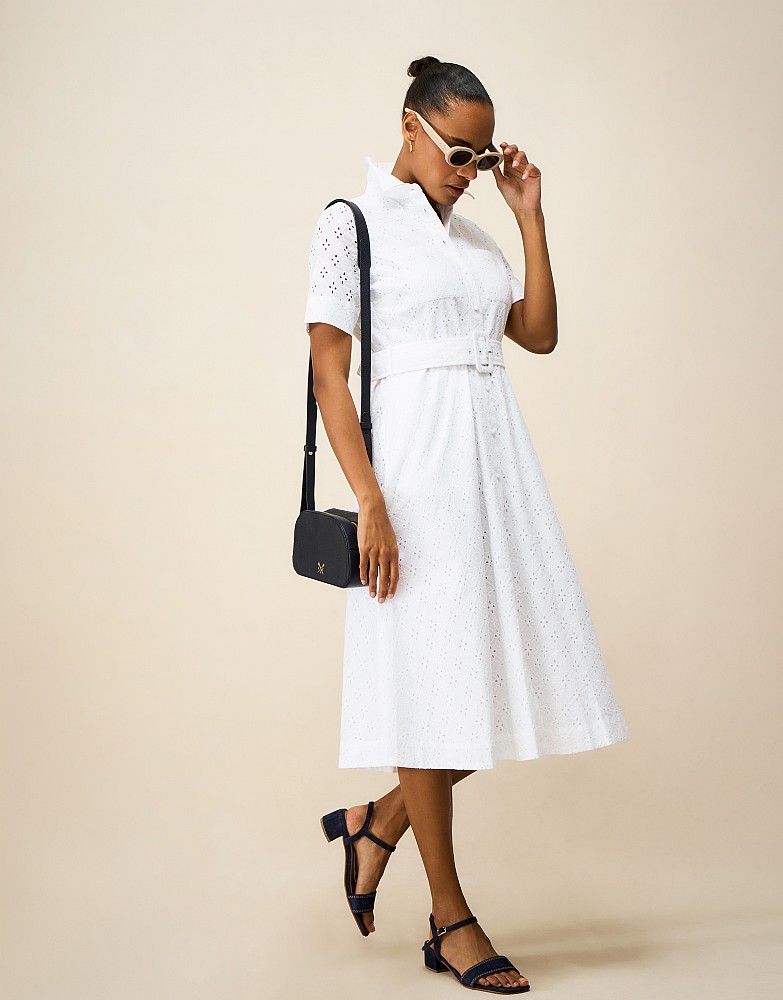 Henley Short Sleeve Broderie Shirt Dress in White