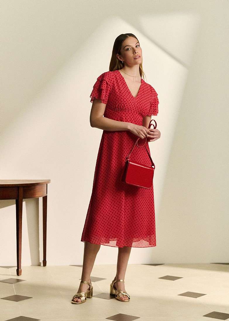 Henley Flutter Sleeve Tea Dress in Red and White