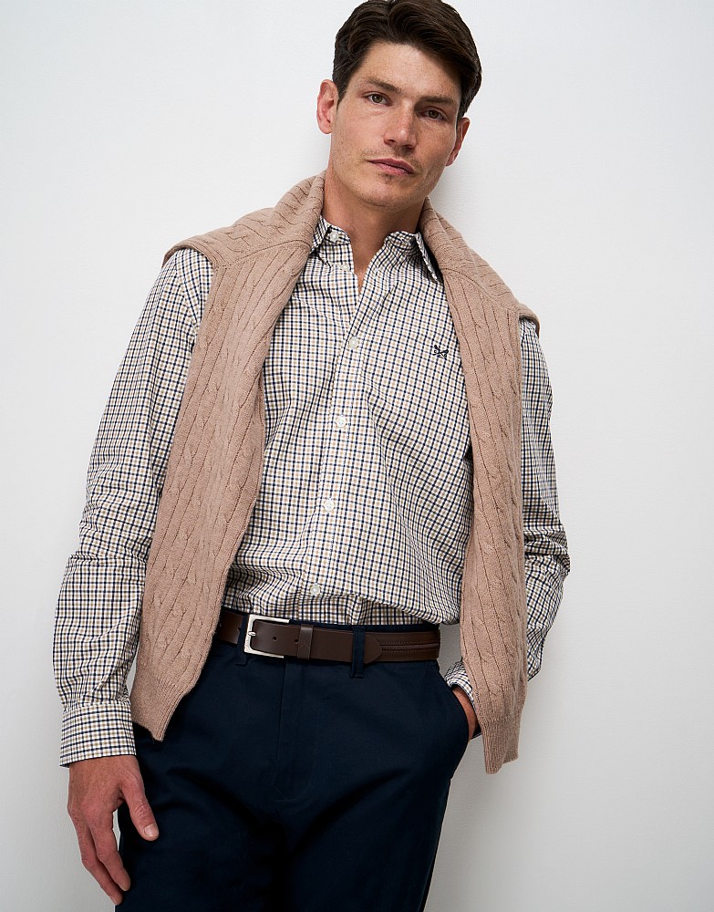 Poplin Multi Check Classic Fit Shirt in Navy and Tan