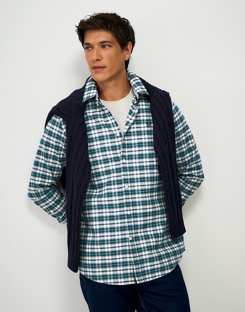 Cotton Oxford Wardley Check Shirt in Green and White