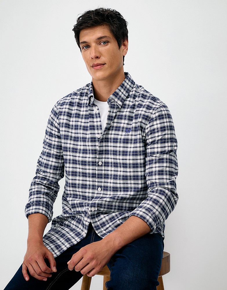 Cotton Oxford Wardley Check Shirt in Navy and White