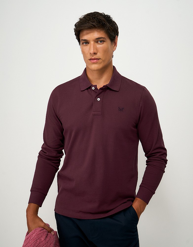 Long Sleeve Cotton Blend Piqué Polo Shirt in Burgundy