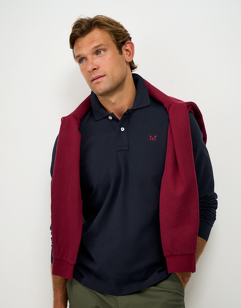 Long Sleeve Cotton Blend Piqué Polo Shirt in Dark Navy