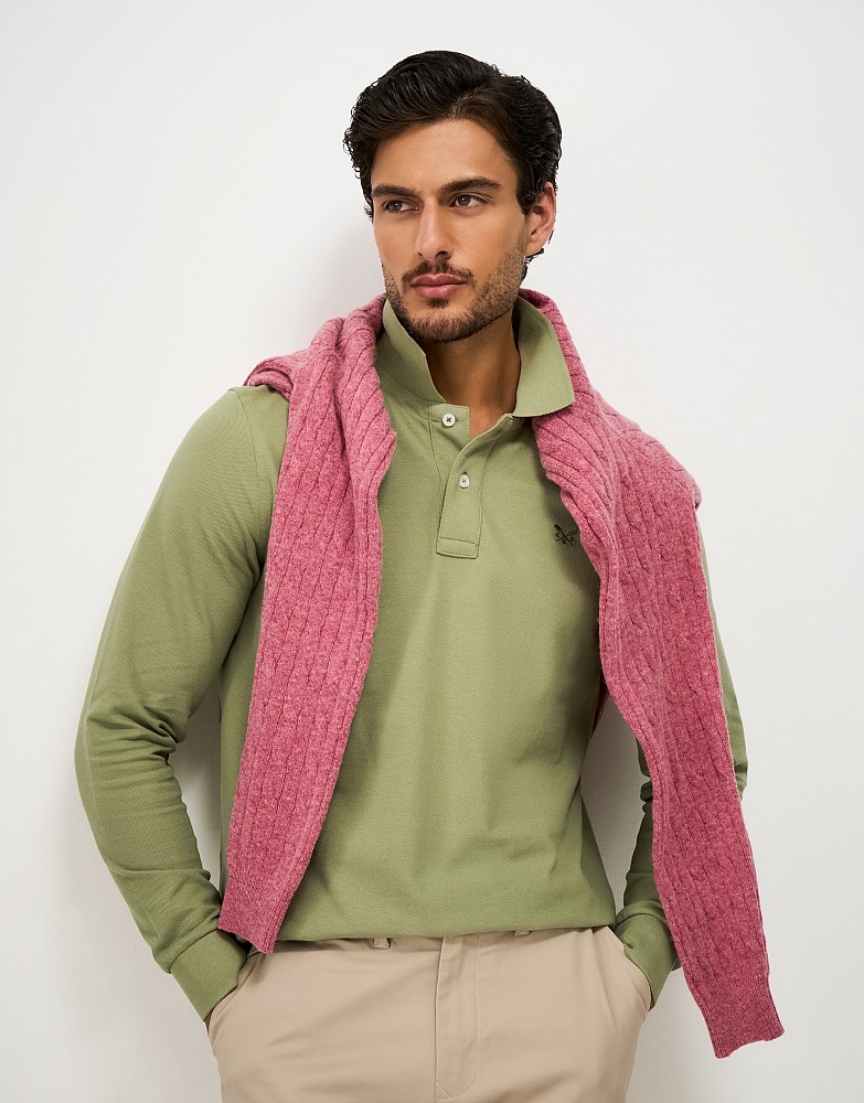Long Sleeve Cotton Blend Piqué Polo Shirt in Green