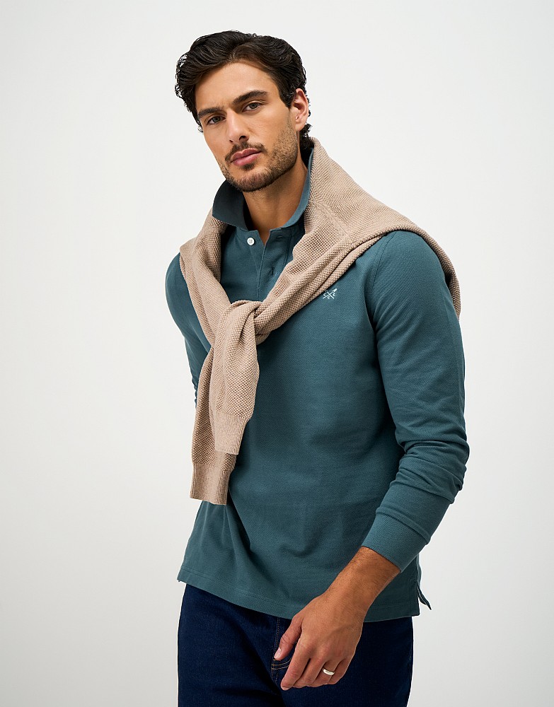 Long Sleeve Cotton Blend Piqué Polo Shirt in Teal Blue
