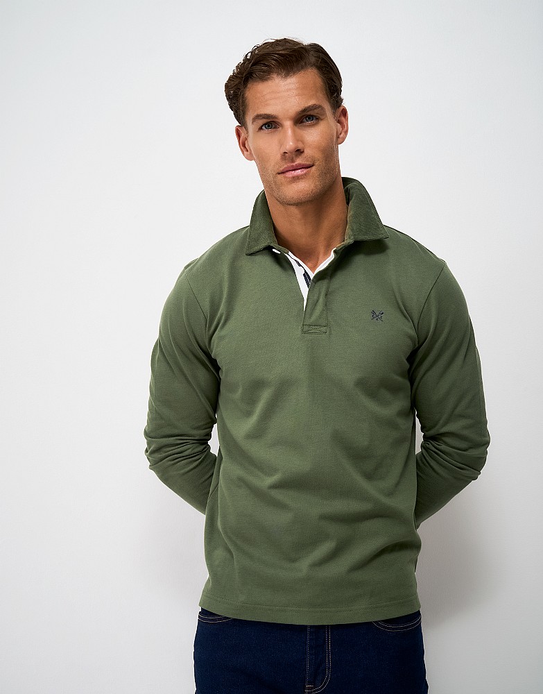Cord Collar Cotton Rugby Shirt in Olive Green