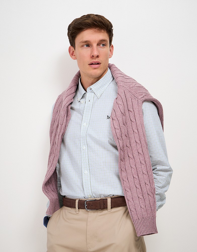 Poplin Tattersall Check Classic Fit Shirt in Ivory, Green and Blue