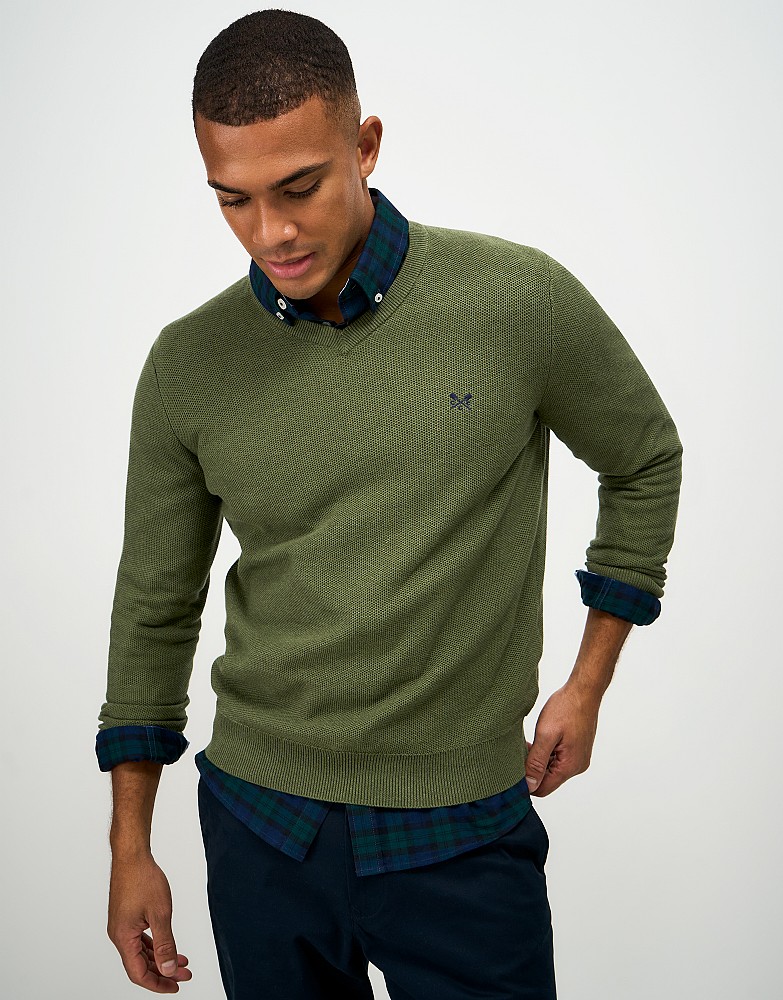 Organic Cotton Piqué Stitch V-Neck Jumper in Green