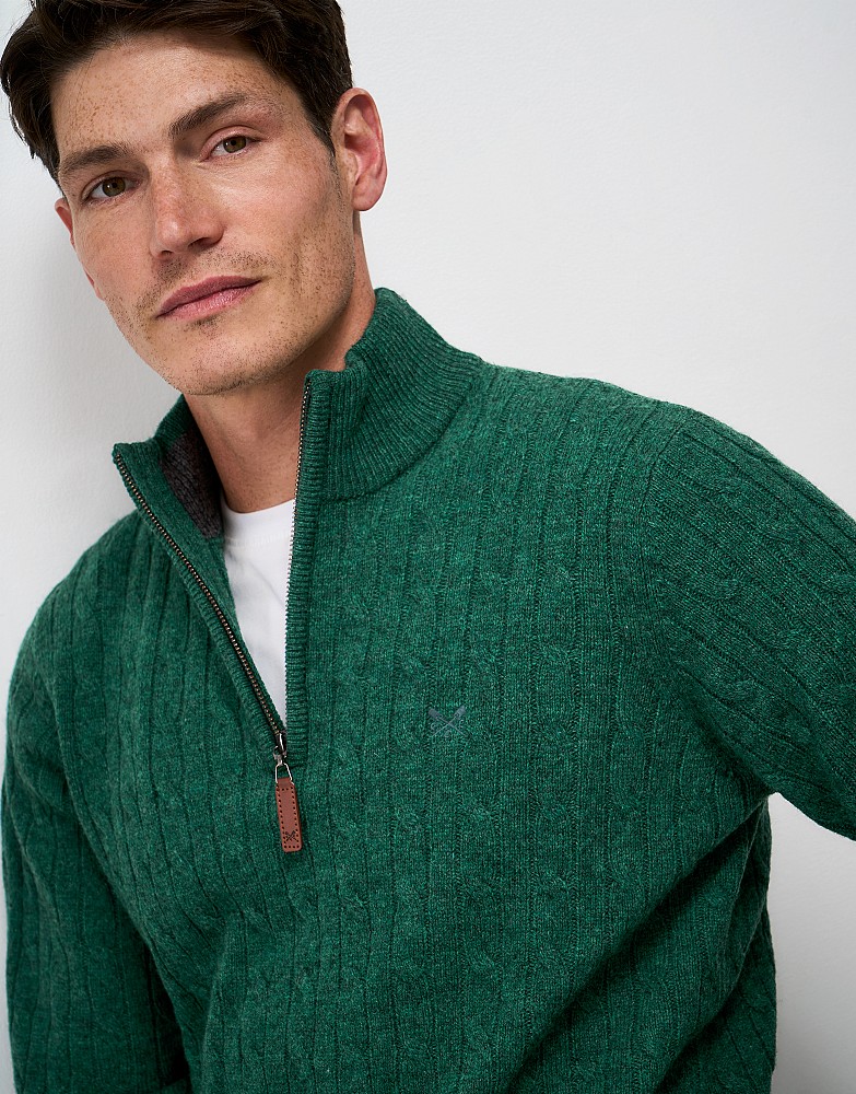 Lambswool Cable Half Zip Jumper in Forest Green
