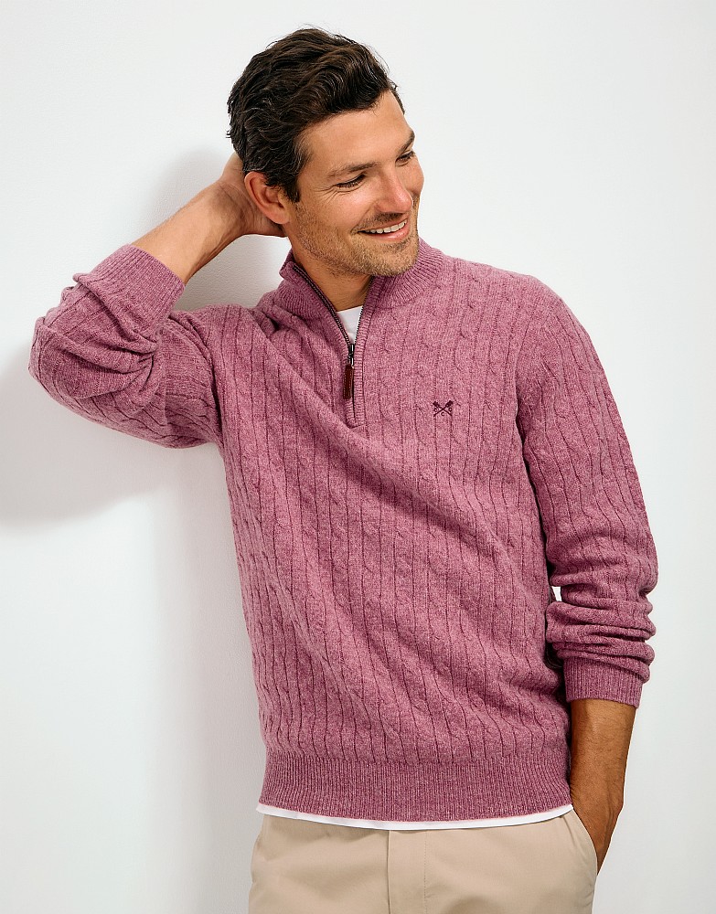Lambswool Cable Half Zip Jumper in Rose Pink Marl